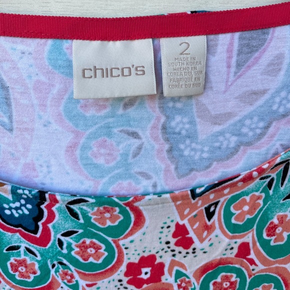 Chico’s 2 Large Top Stretch Soft 3/4 Sleeve Tunic Swing Tee Comfort Colorful - Picture 2 of 5